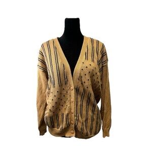 Vintage Suburban Petite Tan Stripe Polka Dot Pattern Cardigan Women’s 90s Size M